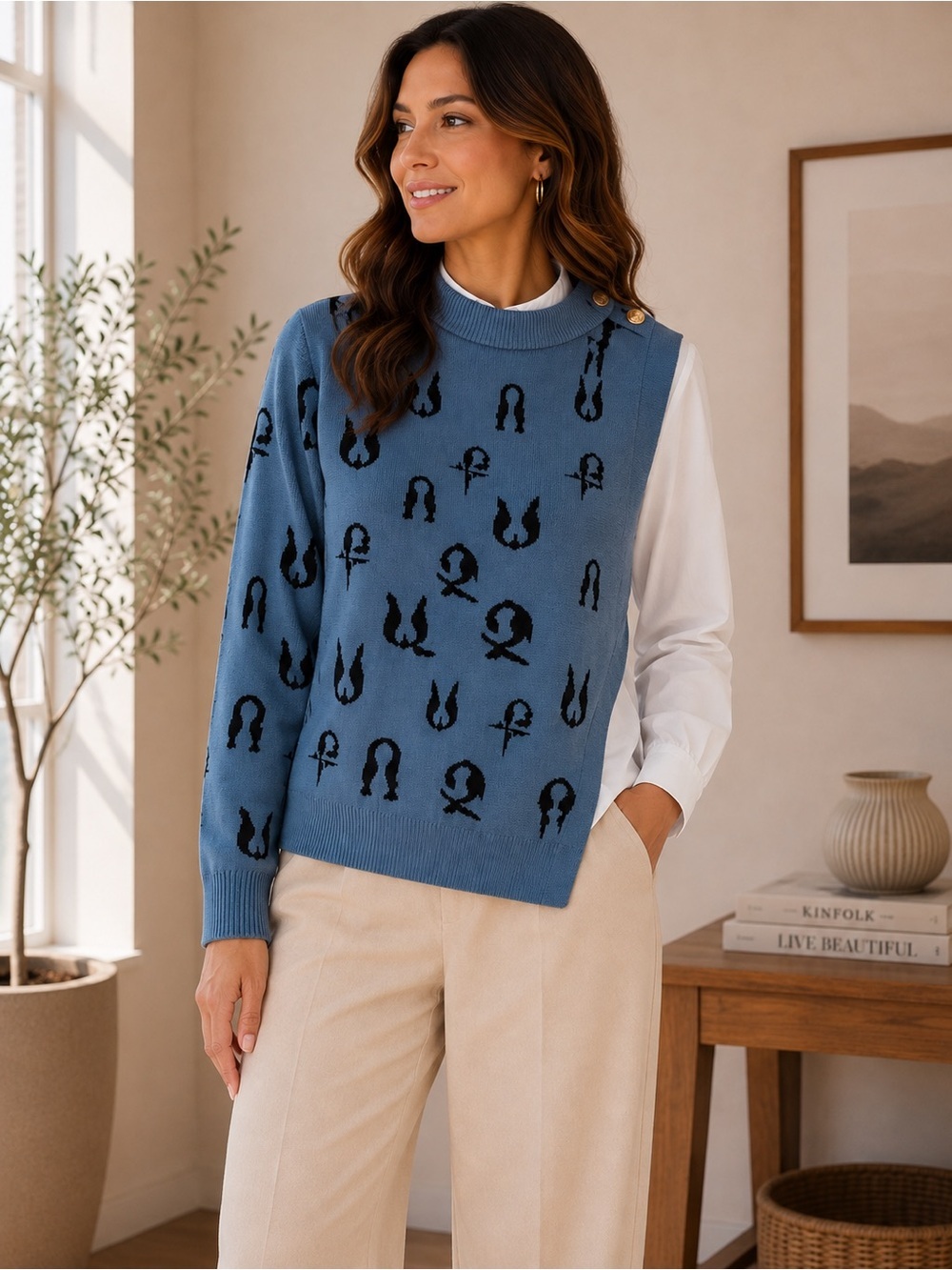 Sir Qochor Blue & White Layered Sweater Blouse Size L